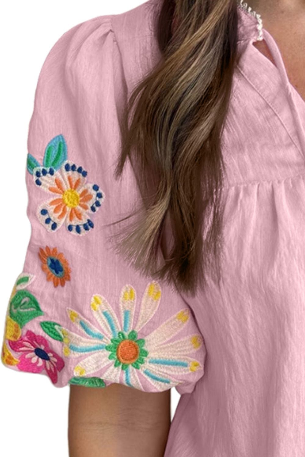 Rosy Brown Embroidered Tie Neck Half Sleeve Blouse