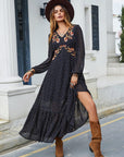 Embroidered V-Neck Long Sleeve Dress