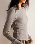 Rosy Brown Exposed Seam Round Neck Long Sleeve T-Shirt