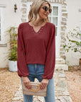 Eyelet Notched Neck Balloon Sleeve Blouse