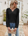 Eyelet Notched Neck Balloon Sleeve Blouse