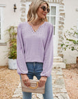 Eyelet Notched Neck Balloon Sleeve Blouse