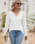 Eyelet Notched Neck Balloon Sleeve Blouse