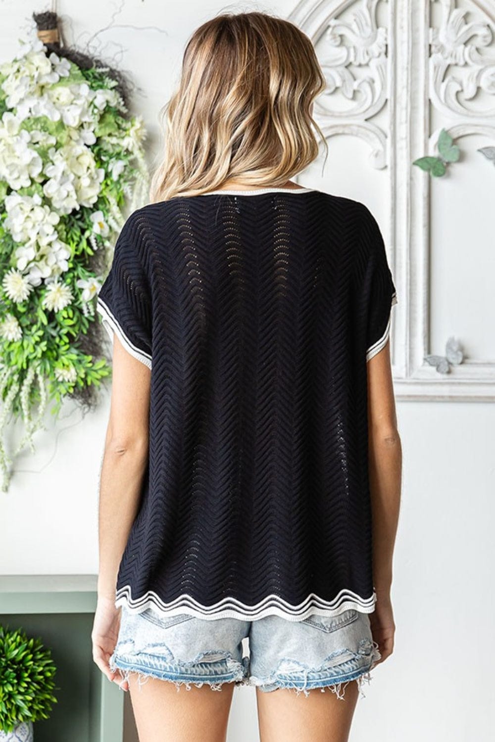 Black First Love Full Size Contrast Wavy Crochet Drop Shoulder Knit Top