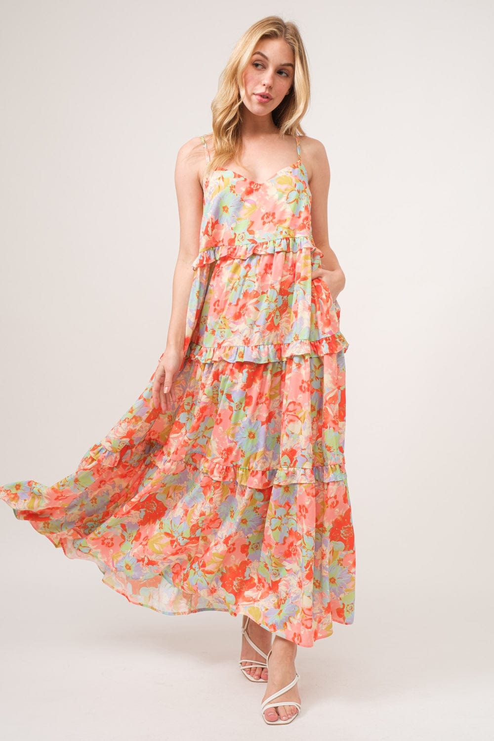 Light Gray And The Why Floral Ruffled Tiered Maxi Adjustable Strap Cami Dress