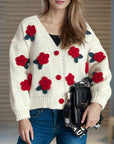 Flower Button Down V-Neck Long Sleeve Cardigan