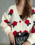 Flower Button Down V-Neck Long Sleeve Cardigan