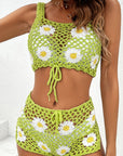 Dark Khaki Flower Cutout Wide Strap Two-Piece Cover Up