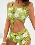 Dark Khaki Flower Cutout Wide Strap Two-Piece Cover Up