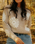 Dim Gray Flower Round Neck Long Sleeve Sweater