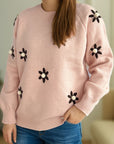 Flower Round Neck Raglan Sleeve Sweater