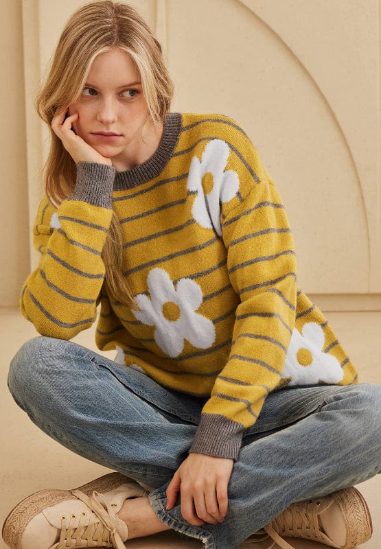 Flower Stripe Round Neck Long Sleeve Sweater