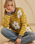 Flower Stripe Round Neck Long Sleeve Sweater