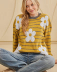 Flower Stripe Round Neck Long Sleeve Sweater