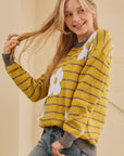 Flower Stripe Round Neck Long Sleeve Sweater