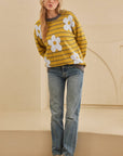 Flower Stripe Round Neck Long Sleeve Sweater