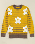 Flower Stripe Round Neck Long Sleeve Sweater