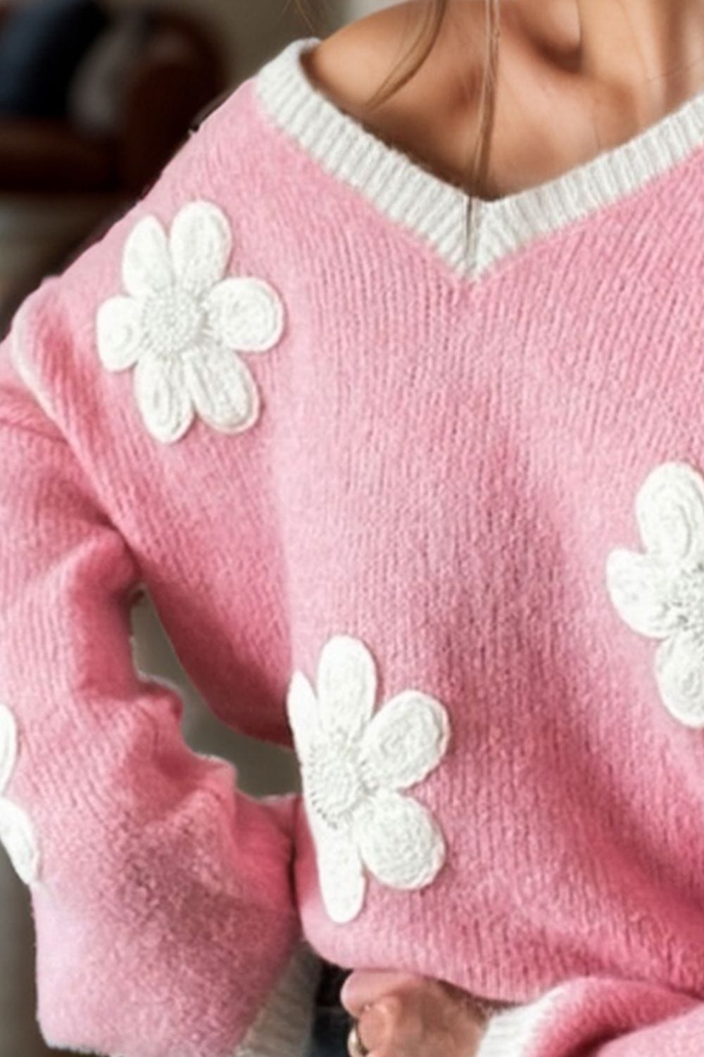 Light Pink Flower V-Neck Dropped Shoulder Sweater