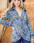 And The Why Print Twist Knot Long Sleeve Blouse