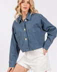 bytos Button Down Cropped Denim Jacket with Patch Pockets