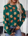 Maple Leaf Round Neck Long Sleeve Sweater