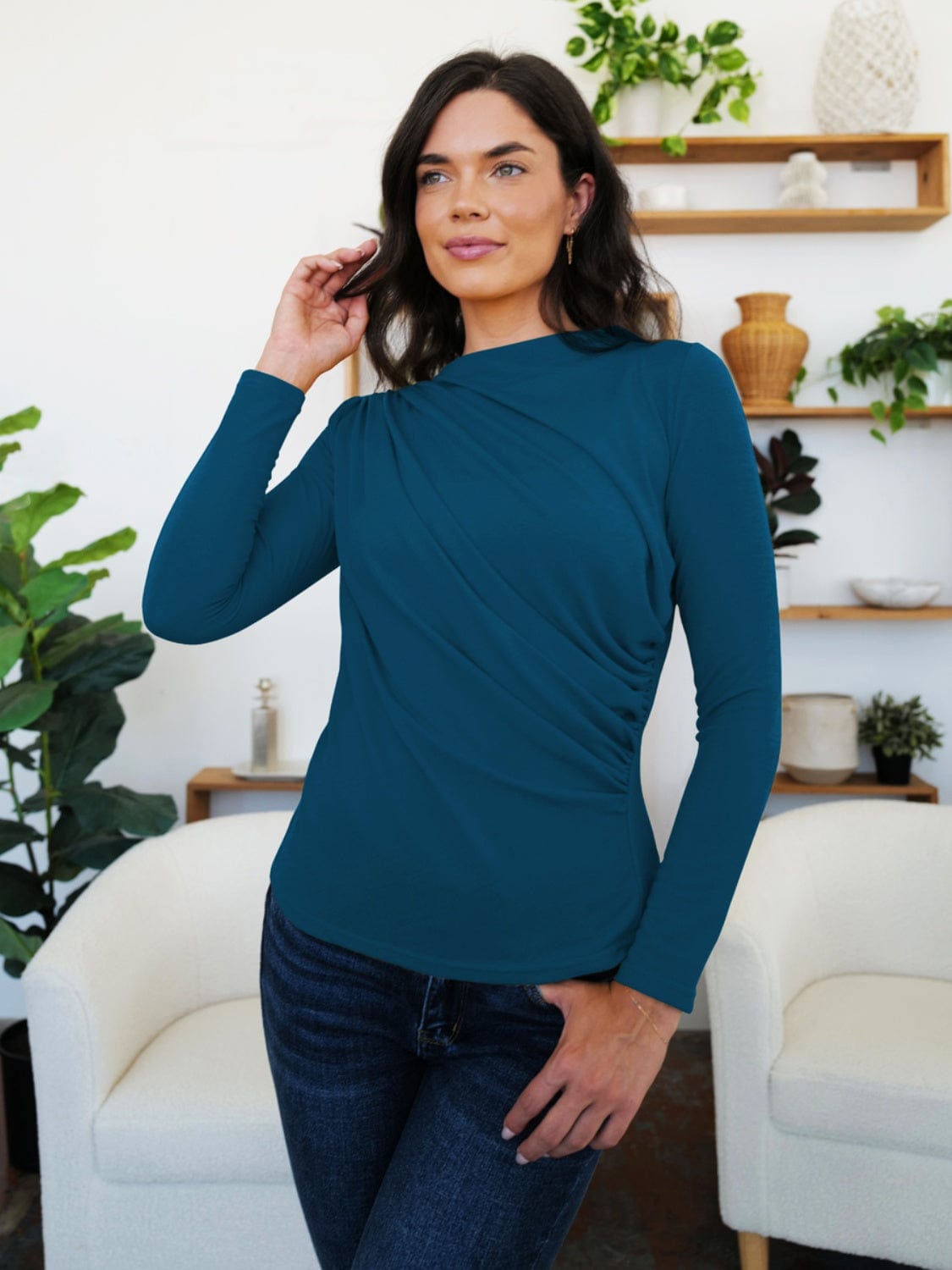 Dark Slate Gray Ruched Mock Neck Long Sleeve T-Shirt