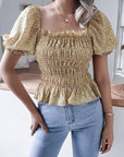 Frill Smocked Square Neck Short Sleeve Blouse