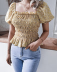 Frill Smocked Square Neck Short Sleeve Blouse