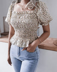 Frill Smocked Square Neck Short Sleeve Blouse