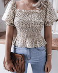 Frill Smocked Square Neck Short Sleeve Blouse