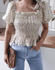 Frill Smocked Square Neck Short Sleeve Blouse