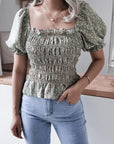 Frill Smocked Square Neck Short Sleeve Blouse