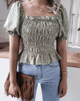 Frill Smocked Square Neck Short Sleeve Blouse