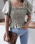 Frill Smocked Square Neck Short Sleeve Blouse