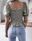 Frill Smocked Square Neck Short Sleeve Blouse