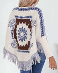 Fringe Geometric Long Sleeve Poncho