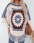 Fringe Geometric Long Sleeve Poncho