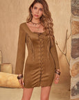 Fringe Lace Up Square Neck Long Sleeve Mini Dress