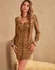 Fringe Lace Up Square Neck Long Sleeve Mini Dress