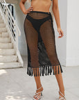 Gray Fringe Openwork High Waist Swim Skirt