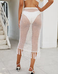 Gray Fringe Openwork High Waist Swim Skirt