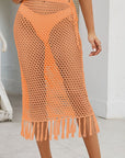 Rosy Brown Fringe Openwork High Waist Swim Skirt