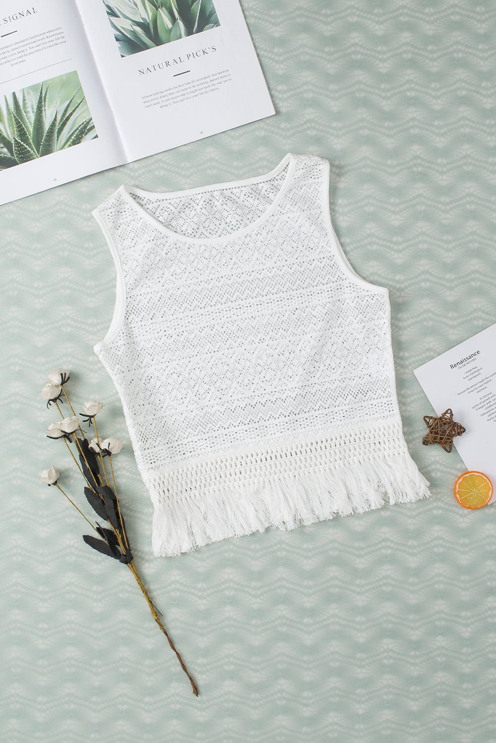 Gray Fringe Openwork Round Neck Tank