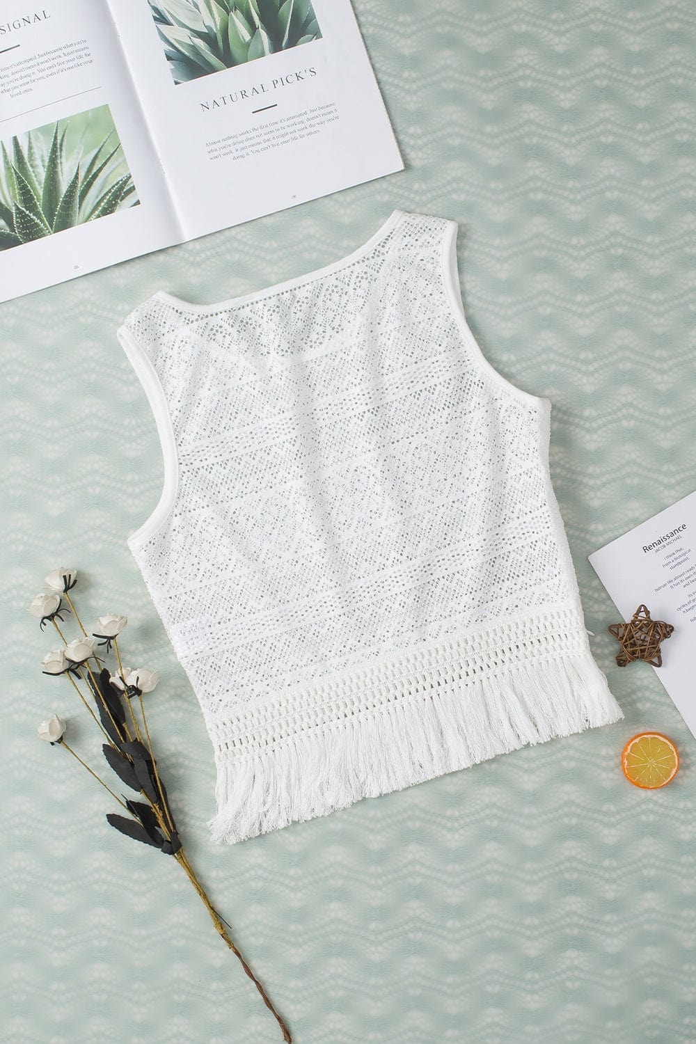 Light Gray Fringe Openwork Round Neck Tank