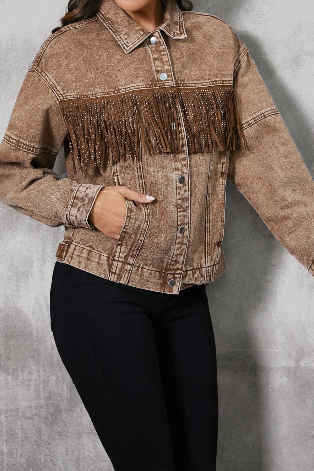 Dim Gray Fringe Trim Snap Down Denim Jacket