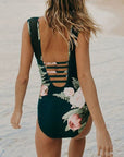 Gray Full Size Cutout Printed Sleeveless One-Piece Swimwear