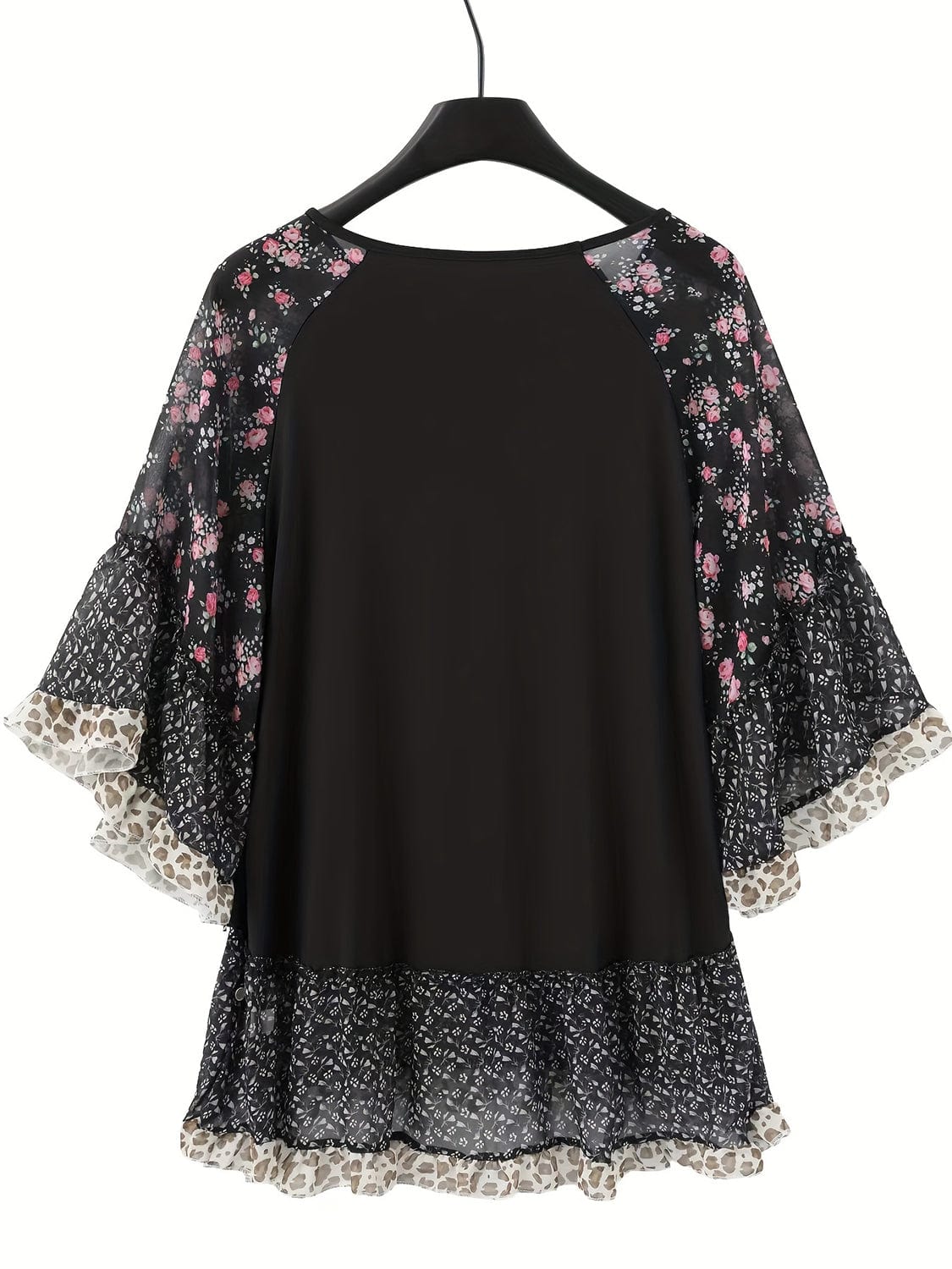 Black Full Size Frill Printed Round Neck Half Sleeve Blouse