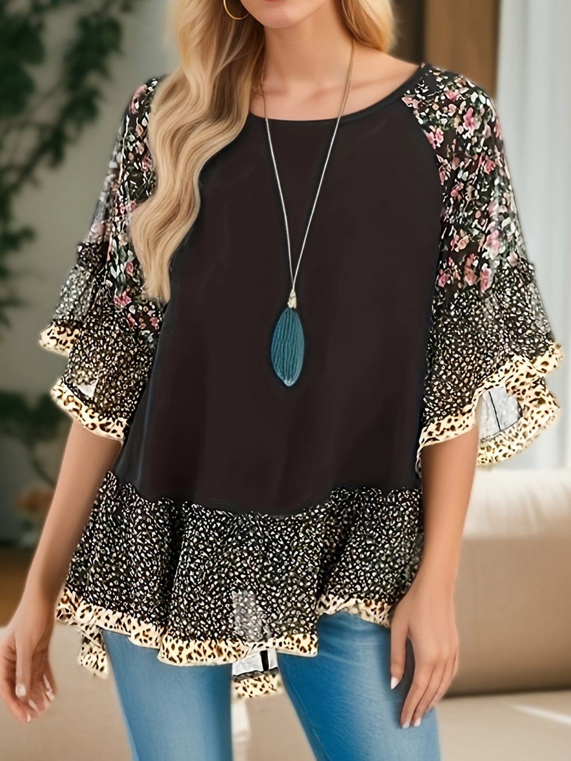 Tan Full Size Frill Printed Round Neck Half Sleeve Blouse