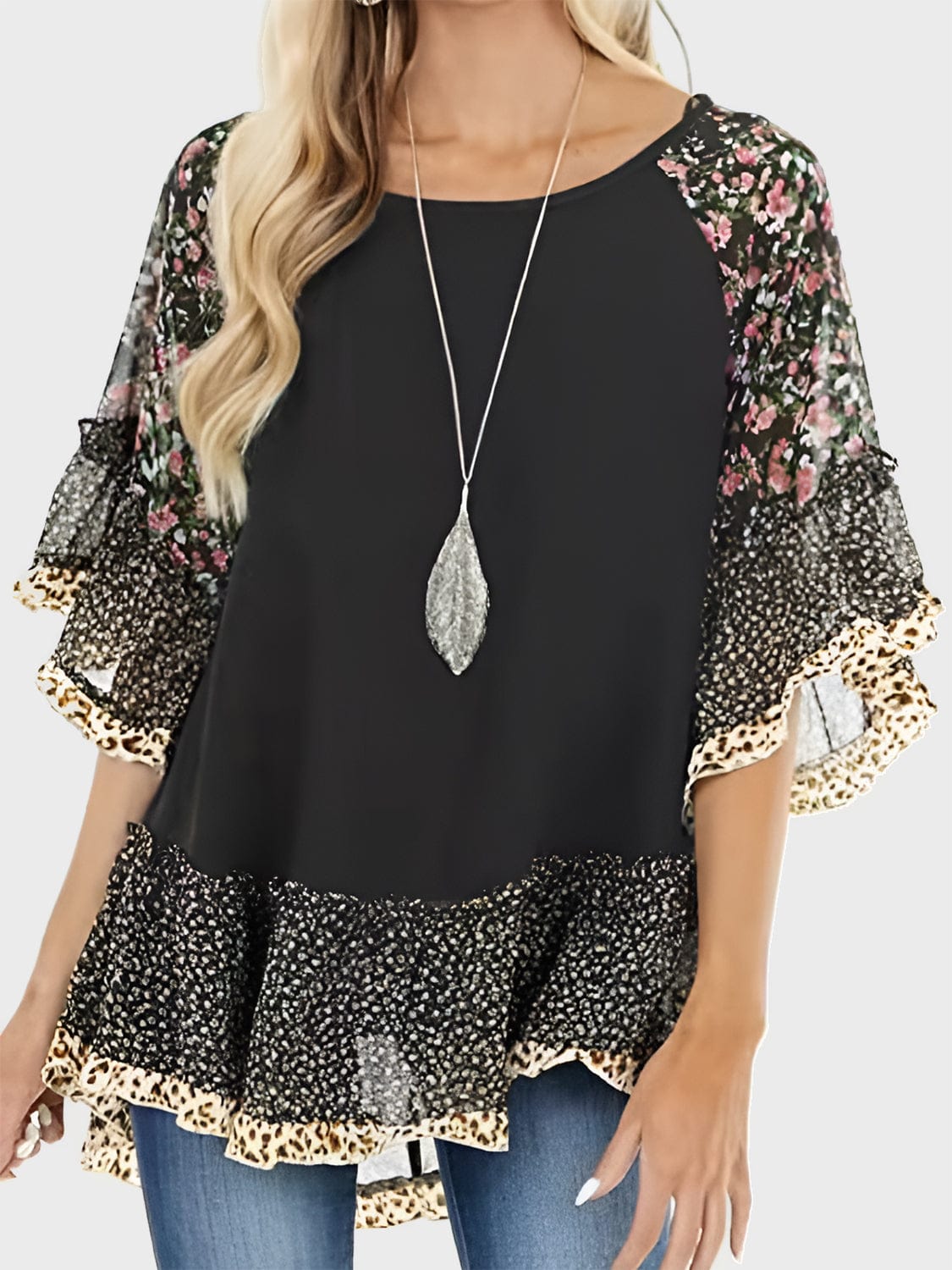 Dark Slate Gray Full Size Frill Printed Round Neck Half Sleeve Blouse