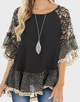 Dark Slate Gray Full Size Frill Printed Round Neck Half Sleeve Blouse